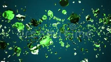 翡翠绿色液态金属水滴随机扩散空间数字动画背景新品质自然运动